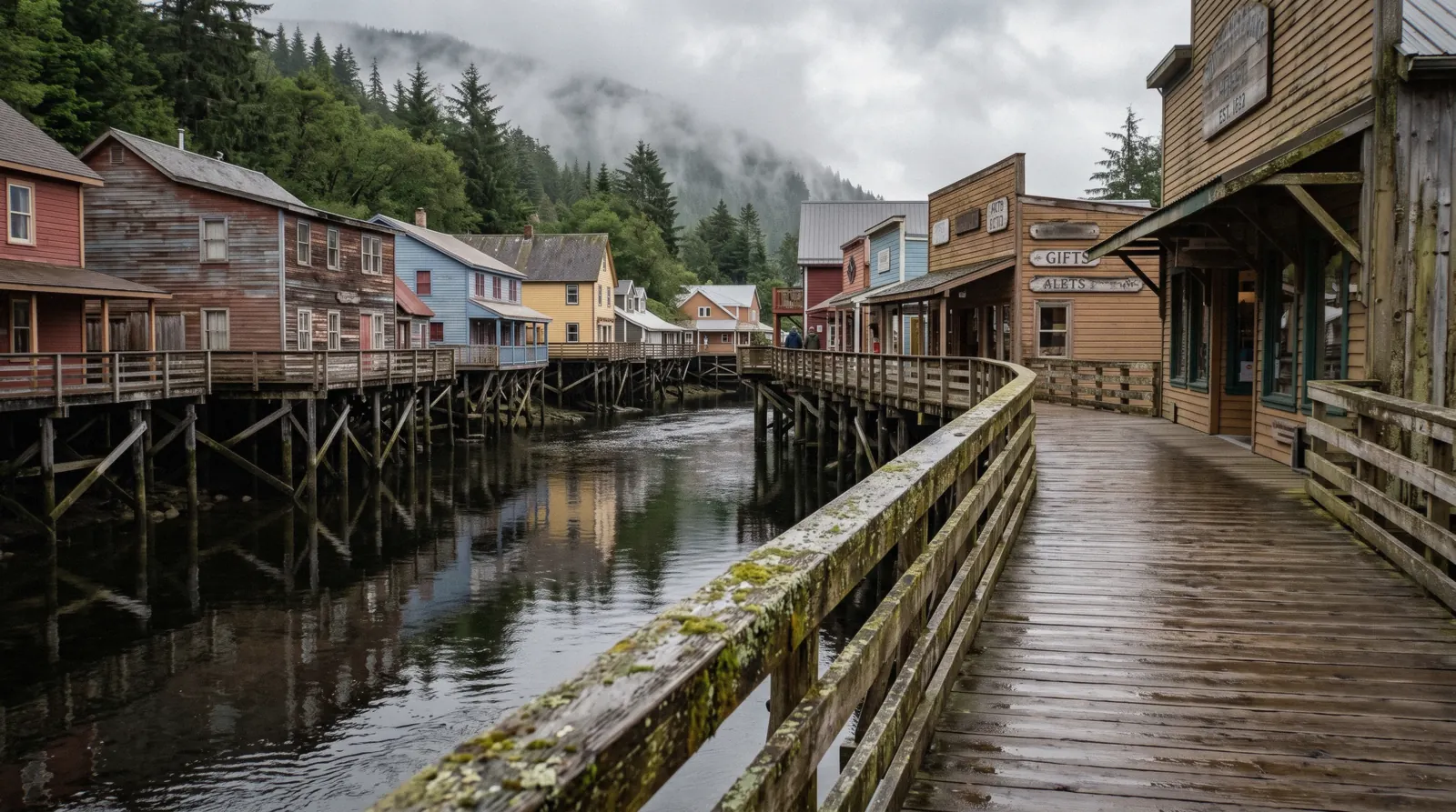 The wooden boardwalk of Creek Street on its pilings above Ketchikan Creek, with painted houses along one side, in Ketchikan, Alaska