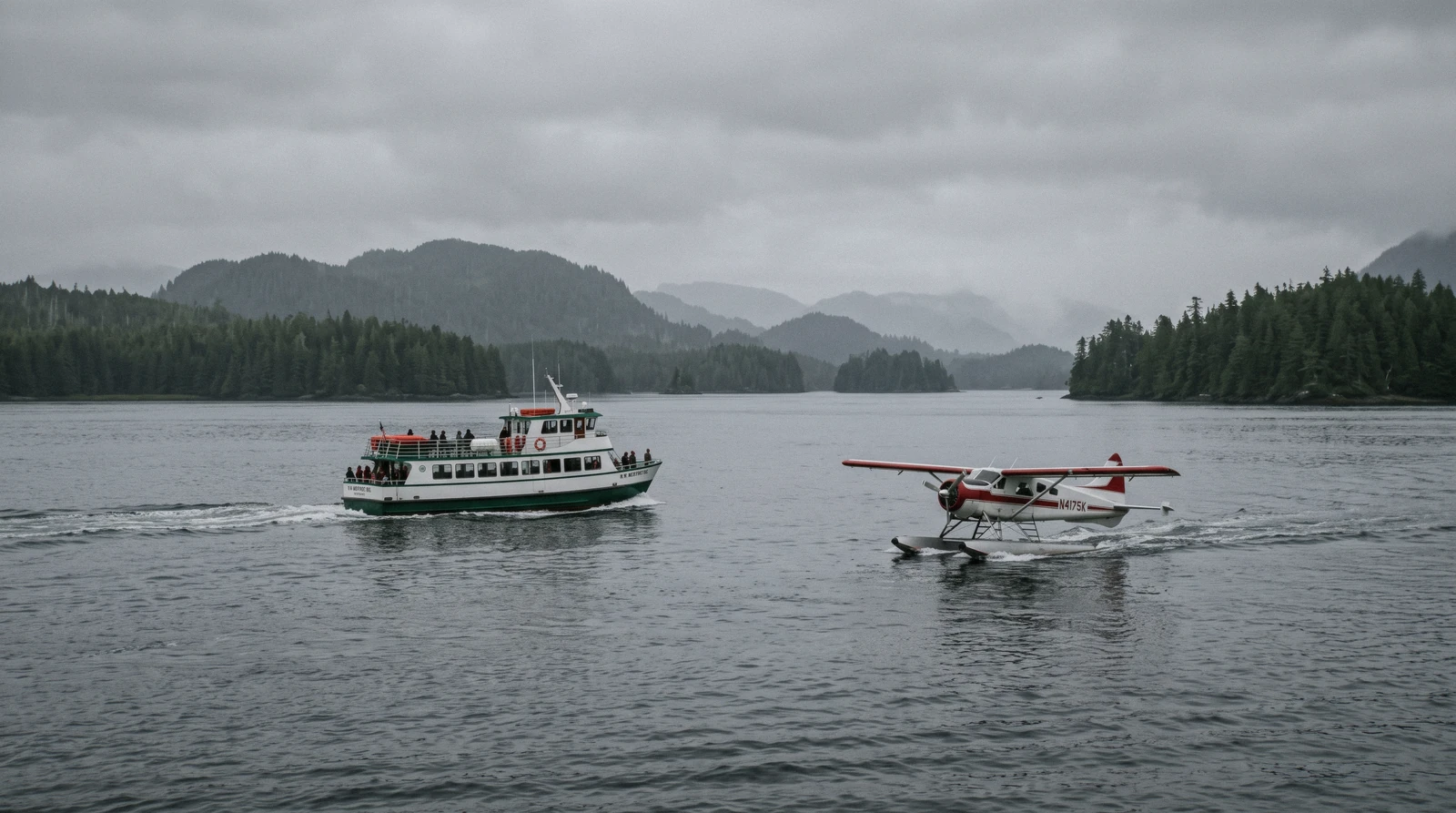 A floatplane and a small ferry crossing open water near Ketchikan, Alaska, the two ways out of town