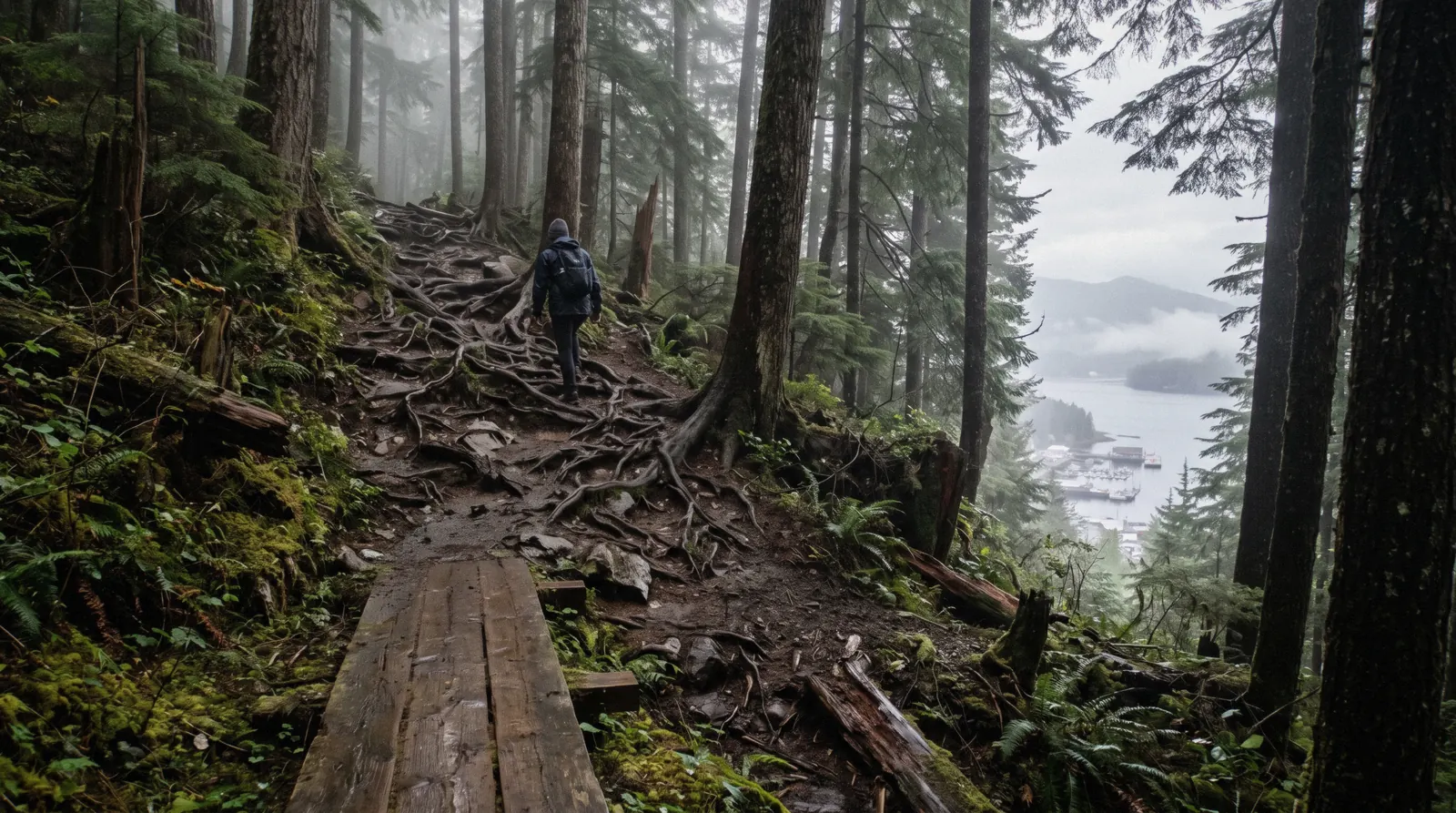 A steep root-laced trail climbing through hemlock on Deer Mountain above Ketchikan, Alaska