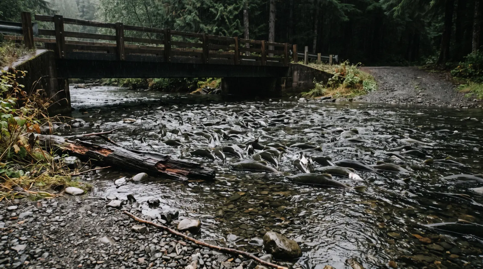 Salmon crowding the shallow water below the bridge at Herring Cove south of Ketchikan, Alaska