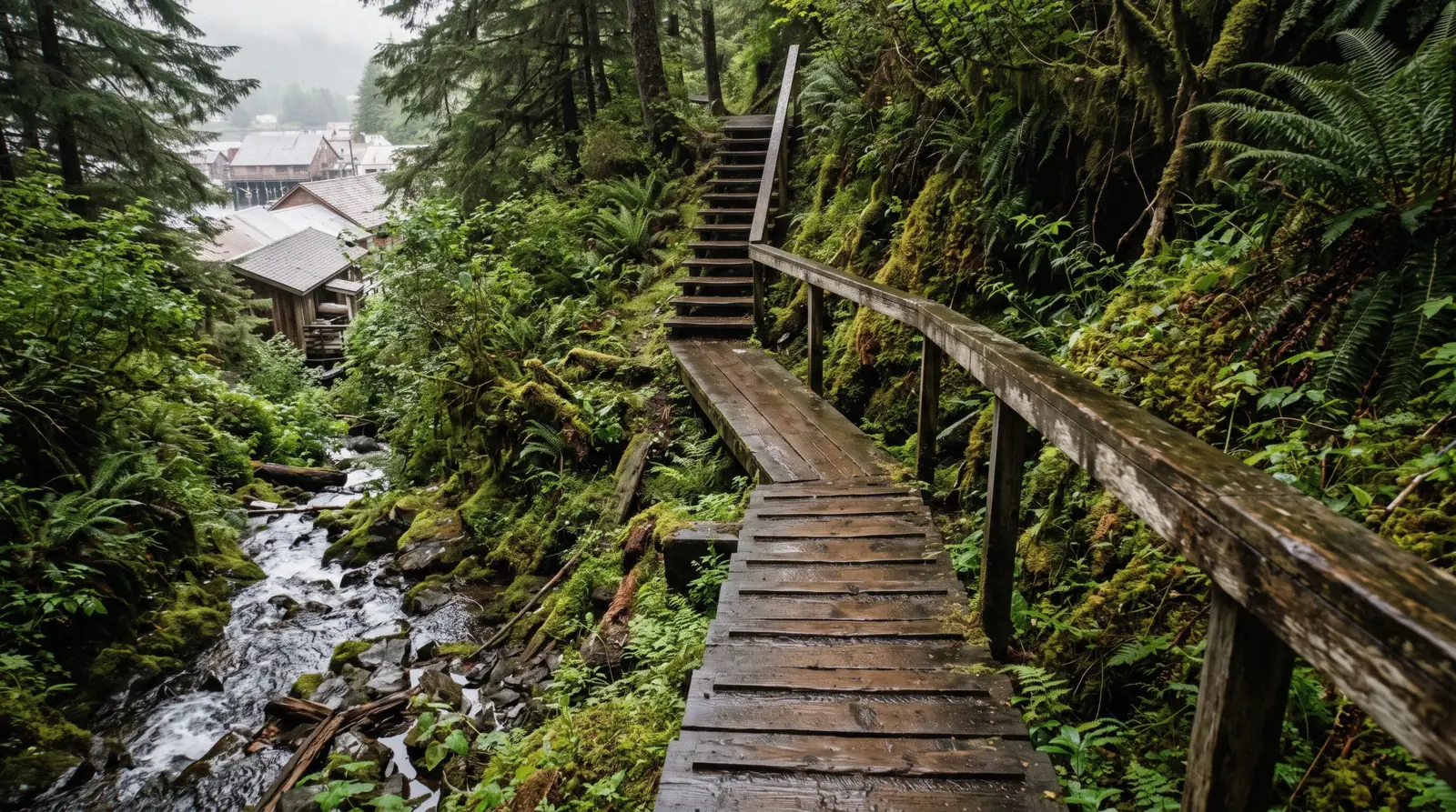 A wooden staircase climbing a mossy bank beside Ketchikan Creek on the Married Man’s Trail in Ketchikan, Alaska