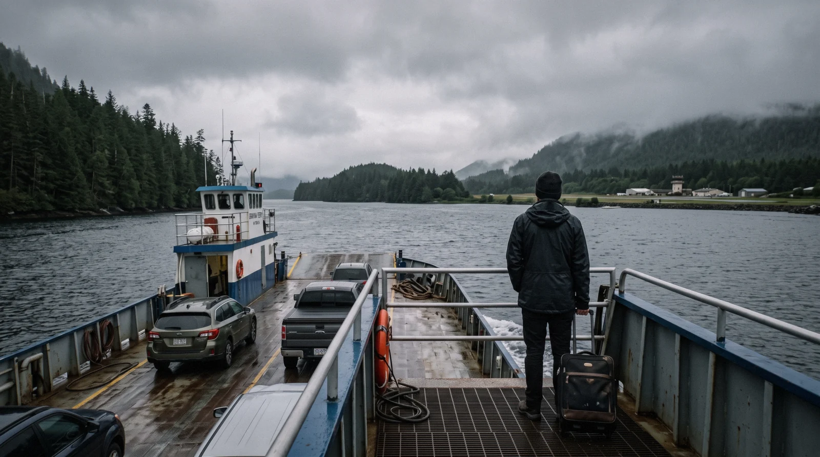 A small vehicle ferry crossing the channel to Ketchikan International Airport on Gravina Island under low cloud