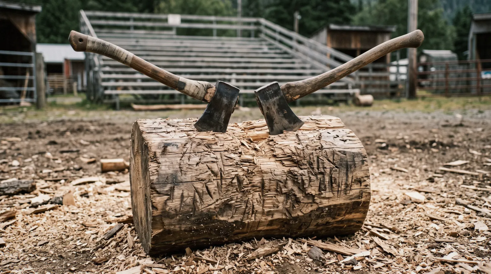 Two axes buried in a scarred wooden chopping block on sawdust at a timber sports arena in Ketchikan, Alaska