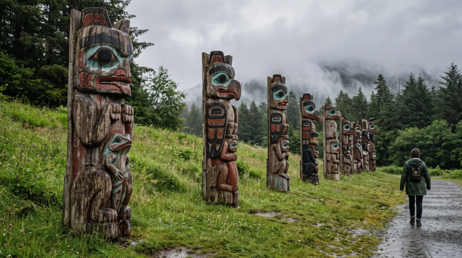 A row of restored totem poles at Saxman Native Village south of Ketchikan, Alaska, under low cloud