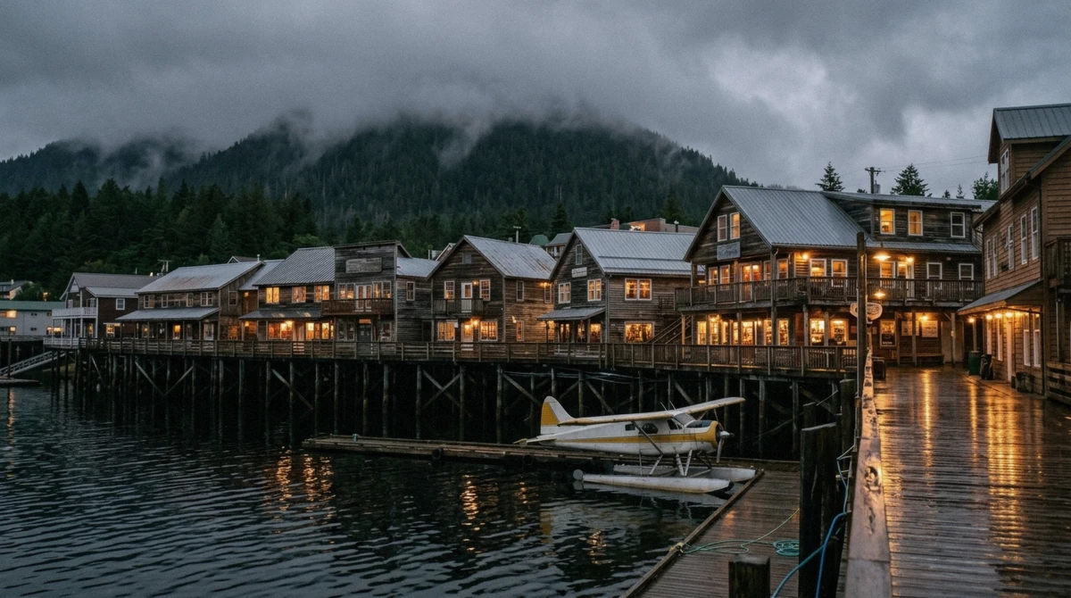 Lit windows in the buildings on pilings along the downtown Ketchikan waterfront, the most walkable place to stay in Ketchikan