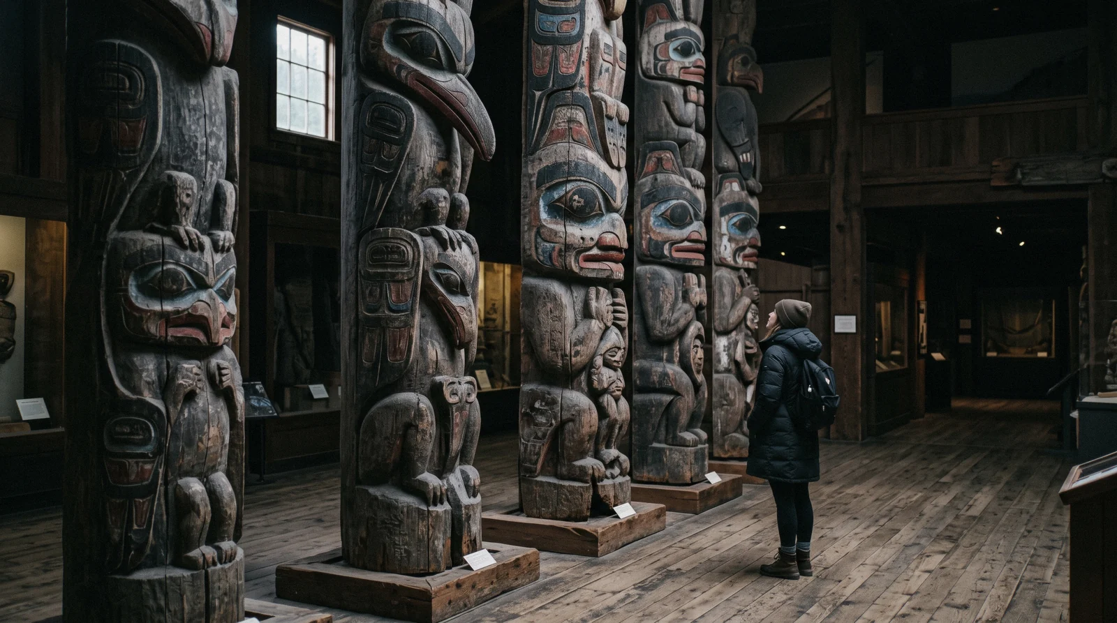 Original nineteenth-century totem poles standing unrestored indoors at the Totem Heritage Center in Ketchikan, Alaska