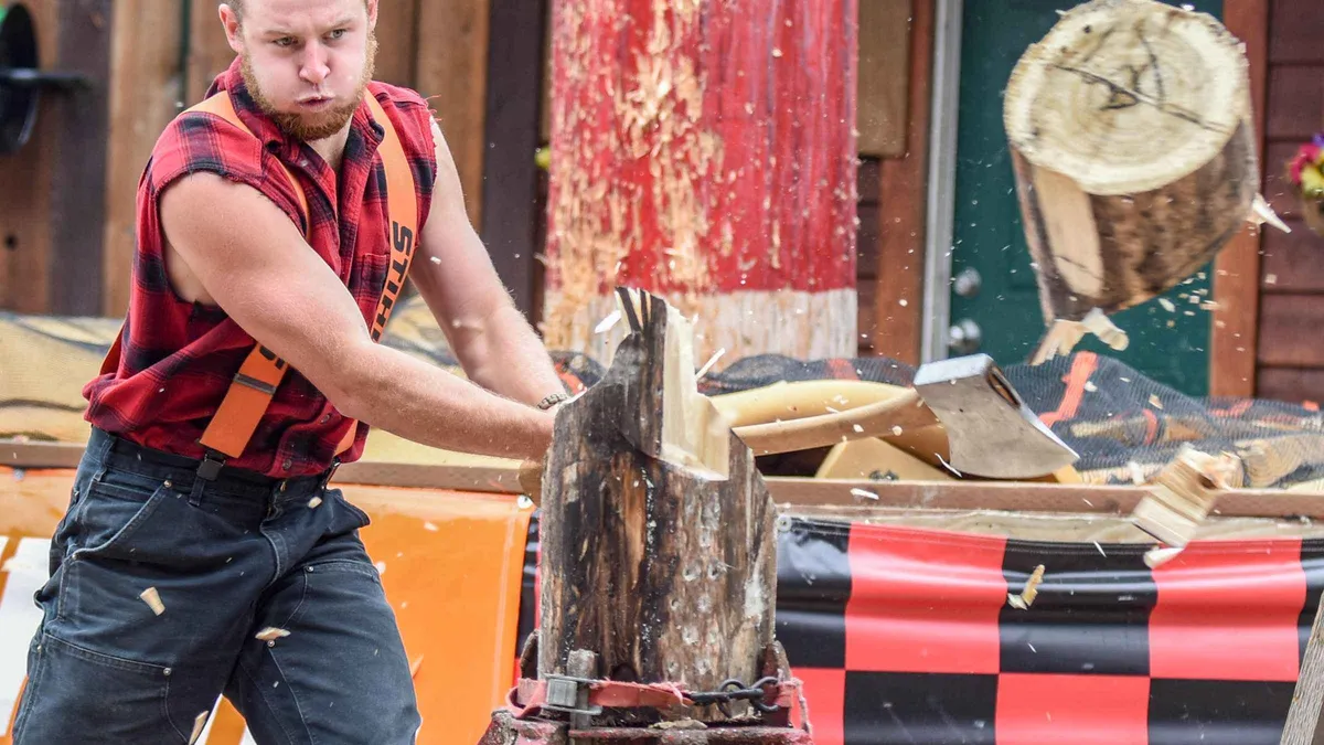 Lumberjacks on the springboard at the covered arena on the Great Alaskan Lumberjack Show in Ketchikan, Alaska