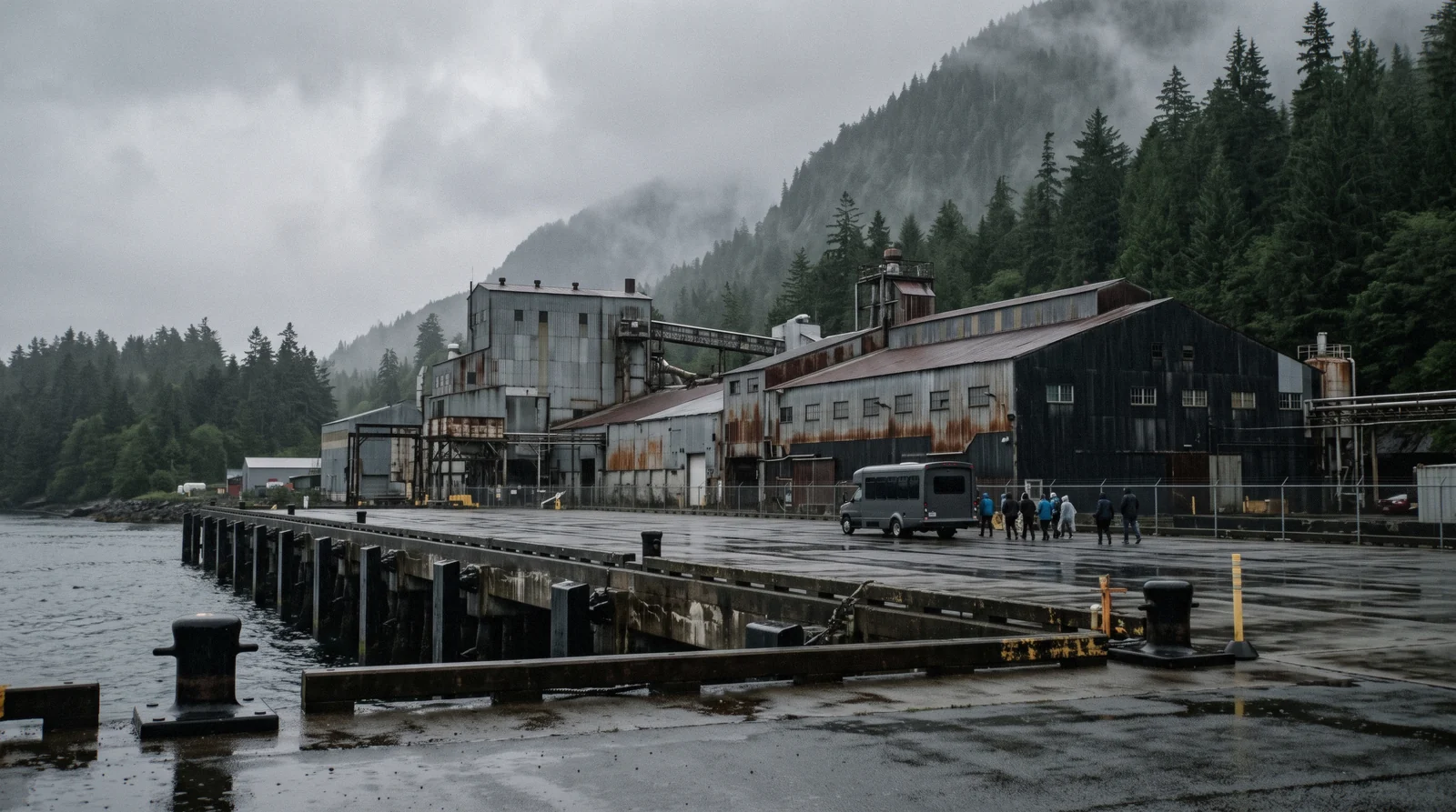 The cruise pier and converted pulp mill buildings at Ward Cove seven miles north of Ketchikan, Alaska