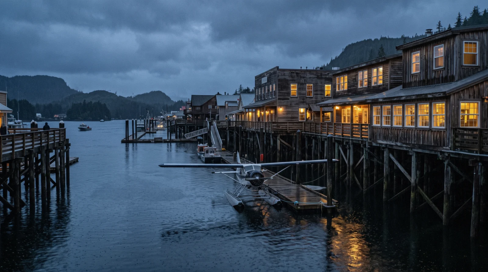 Lit windows in waterfront buildings on pilings along the Ketchikan, Alaska shoreline at dusk