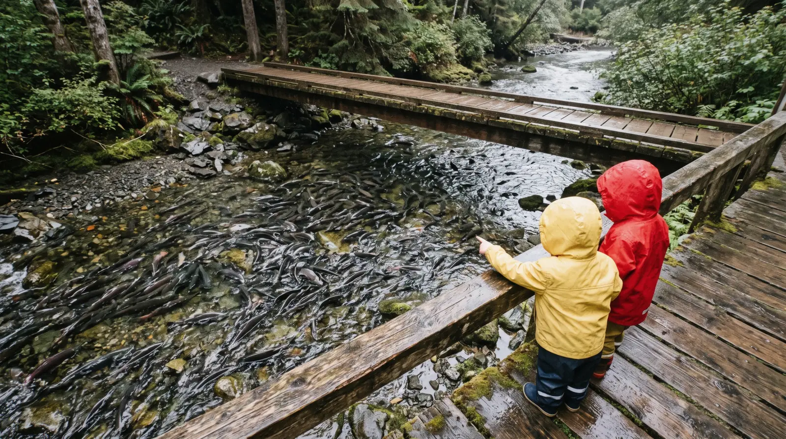 Two children at a bridge rail watching salmon in the shallows, one of the free things to do in Ketchikan with kids